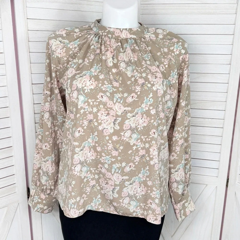 Cottagecore Floral Gathered Mock Neck Pullover Blouse Tan Pink XL Long Sleeve